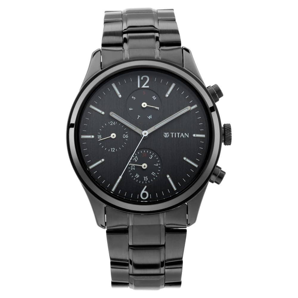 Titan Workwear Quartz Multifunction Black Dial Black Metal Strap Watch