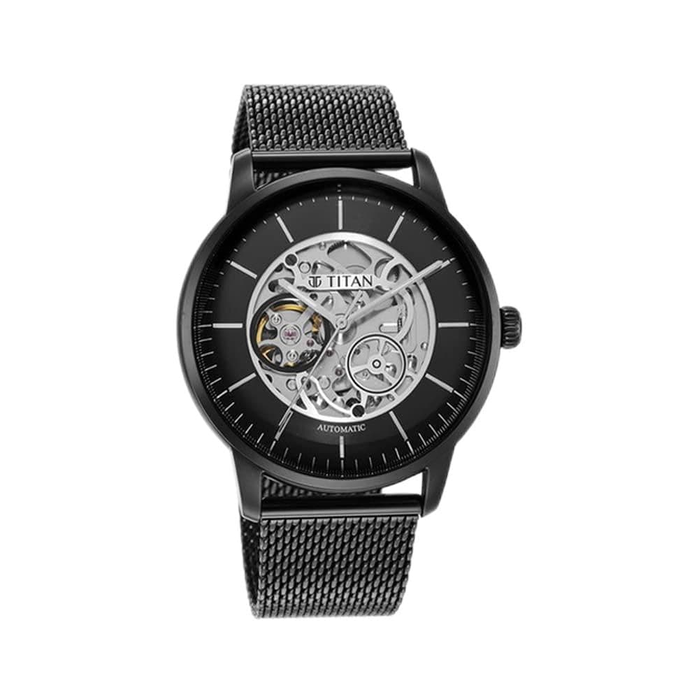 Titan Mechanical Automatic Black Dial Black Stainless Steel Strap Watch