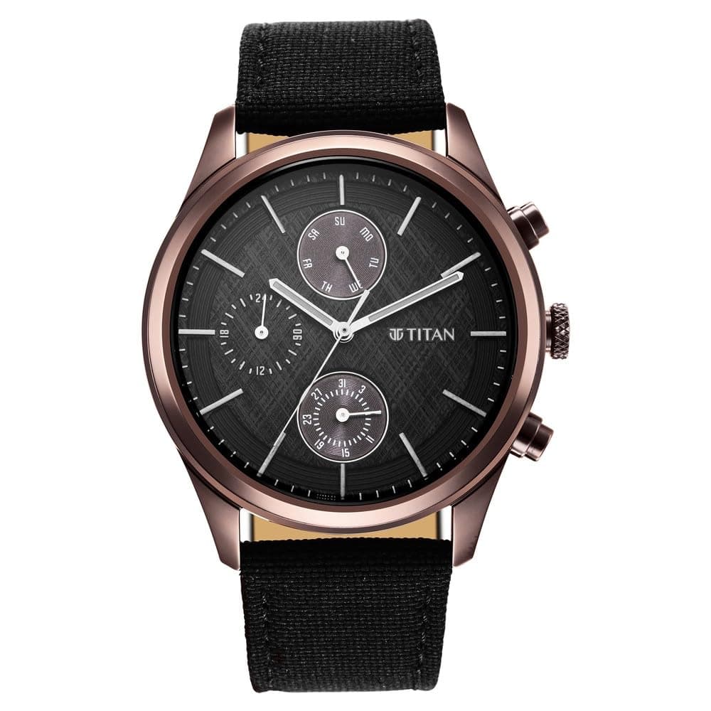 Titan Neo Splash Quartz Multifunction Black Dial Black Leather Strap Watch