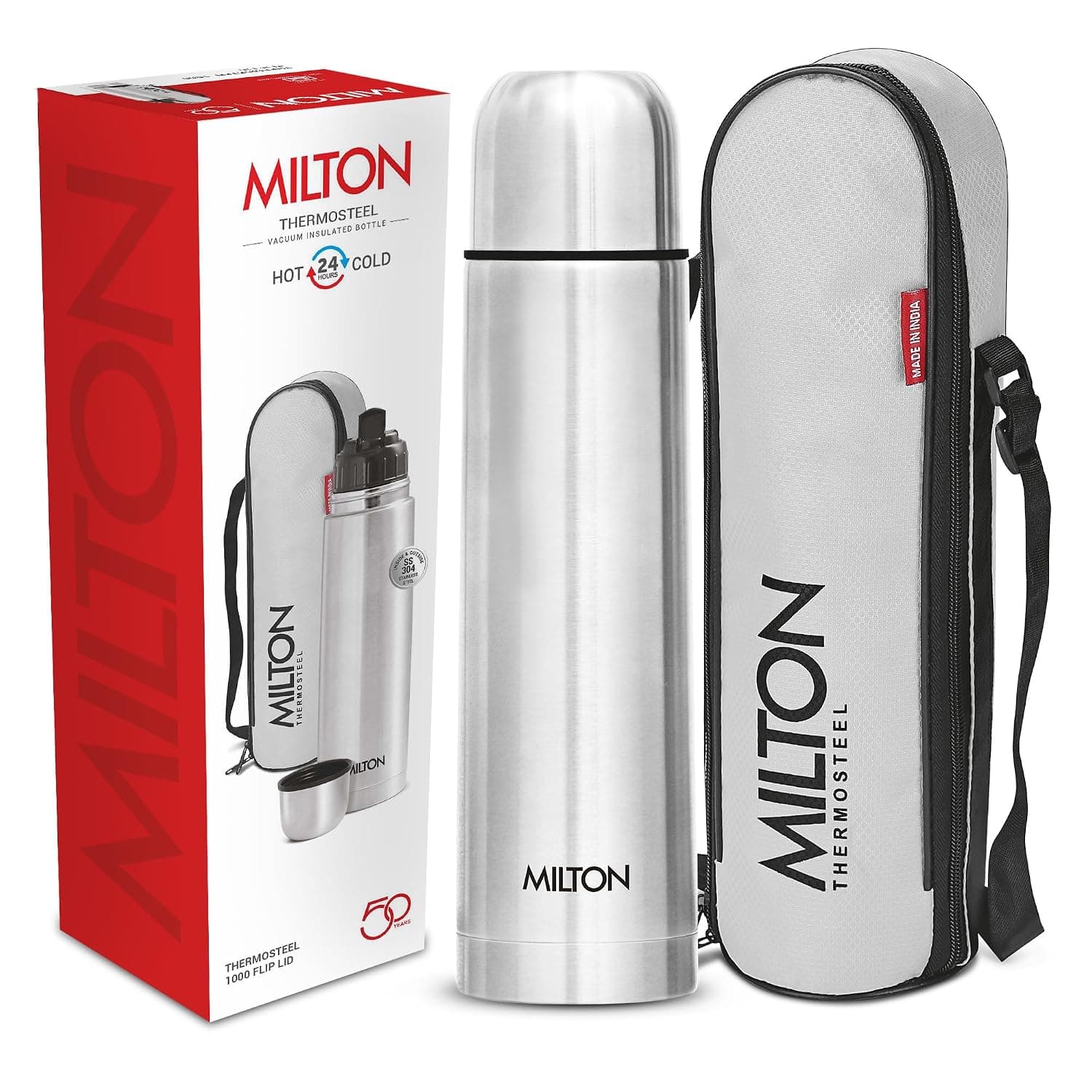 Milton Flip Lid 1000 Thermosteel Water Bottle 1 LTR, 24 Hr Hot and Col